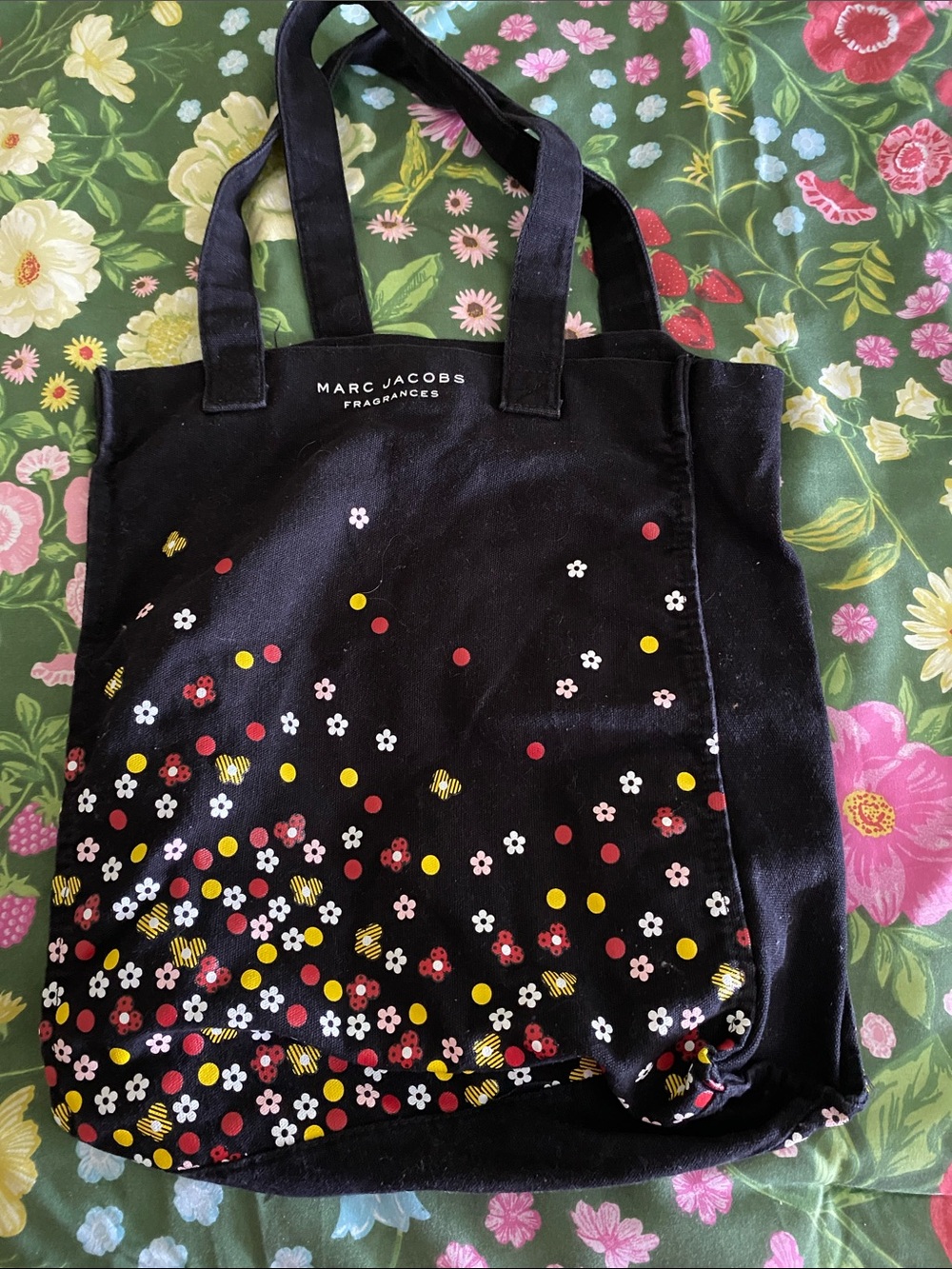 Marc Jacobs Black Canvas Tote with Multicolor Floral Confetti